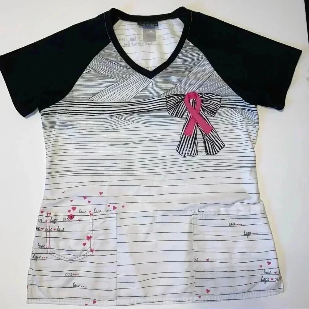 𝅺CHEROKEE Scrubs Top Size M Adorable Breast Cancer Awareness - Picture 5 of 8